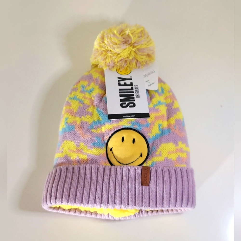 Smiley Originals x Pudus Multicolor Pastel Camo Pom Pom Beanie Size O/S NWT
